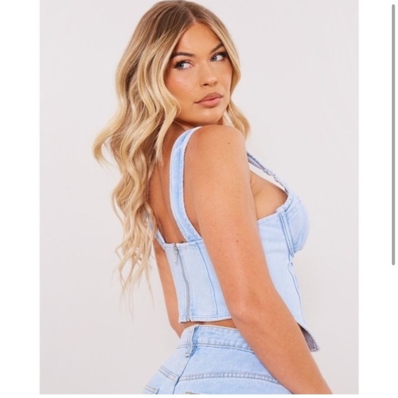 NWT PLT Light Blue Wash Dip Hem Bust Cup Underwire Denim Corset Top y2k - Picture 3 of 10